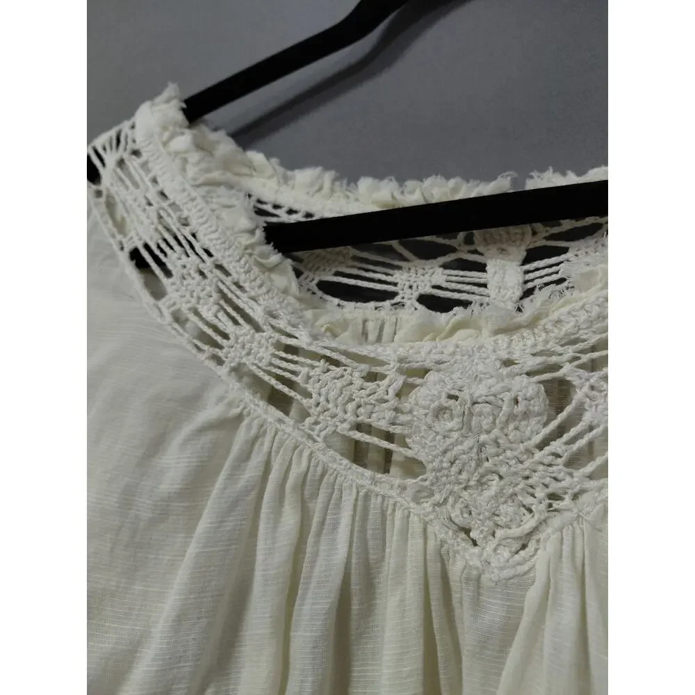 Free People White Peasant Embroidered Crochet 3/4 Puff Sleeve Women Size XS